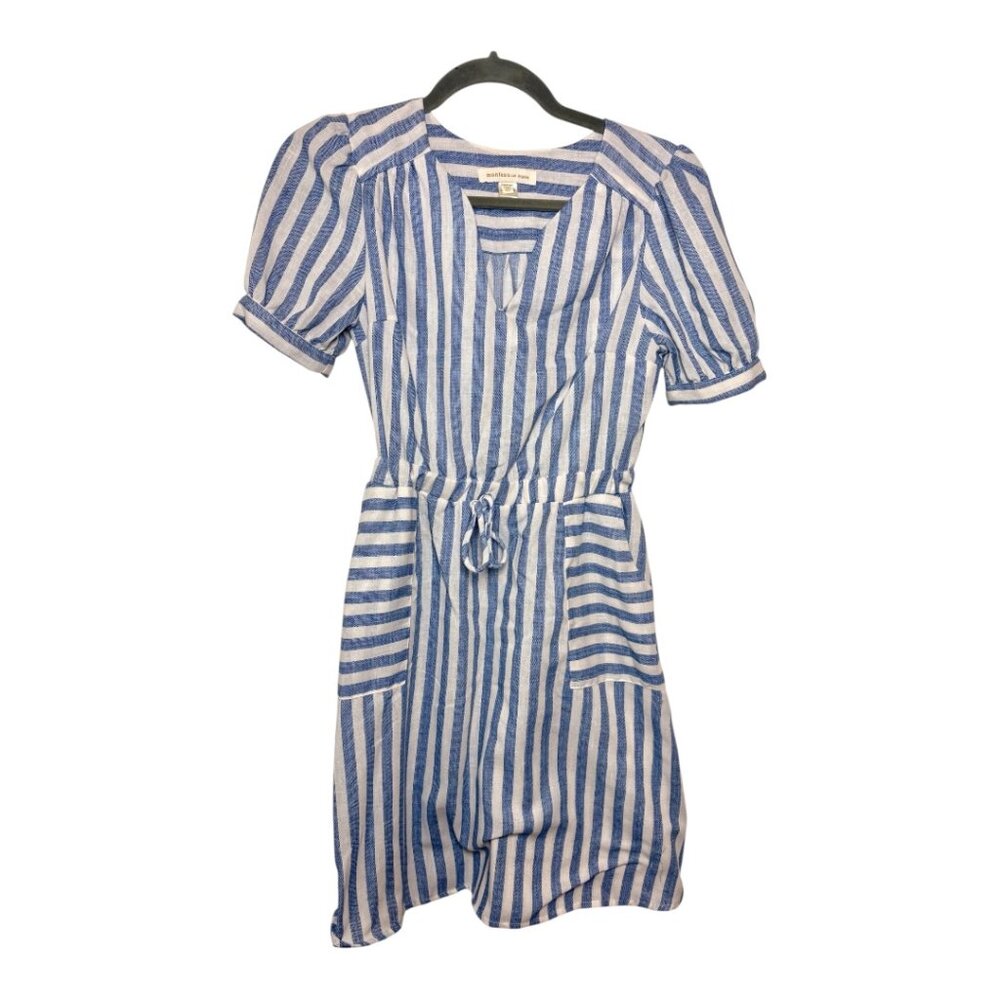 Monteau Blue White Stripe Drawstring Pocket Dress Coastal Nautical XS